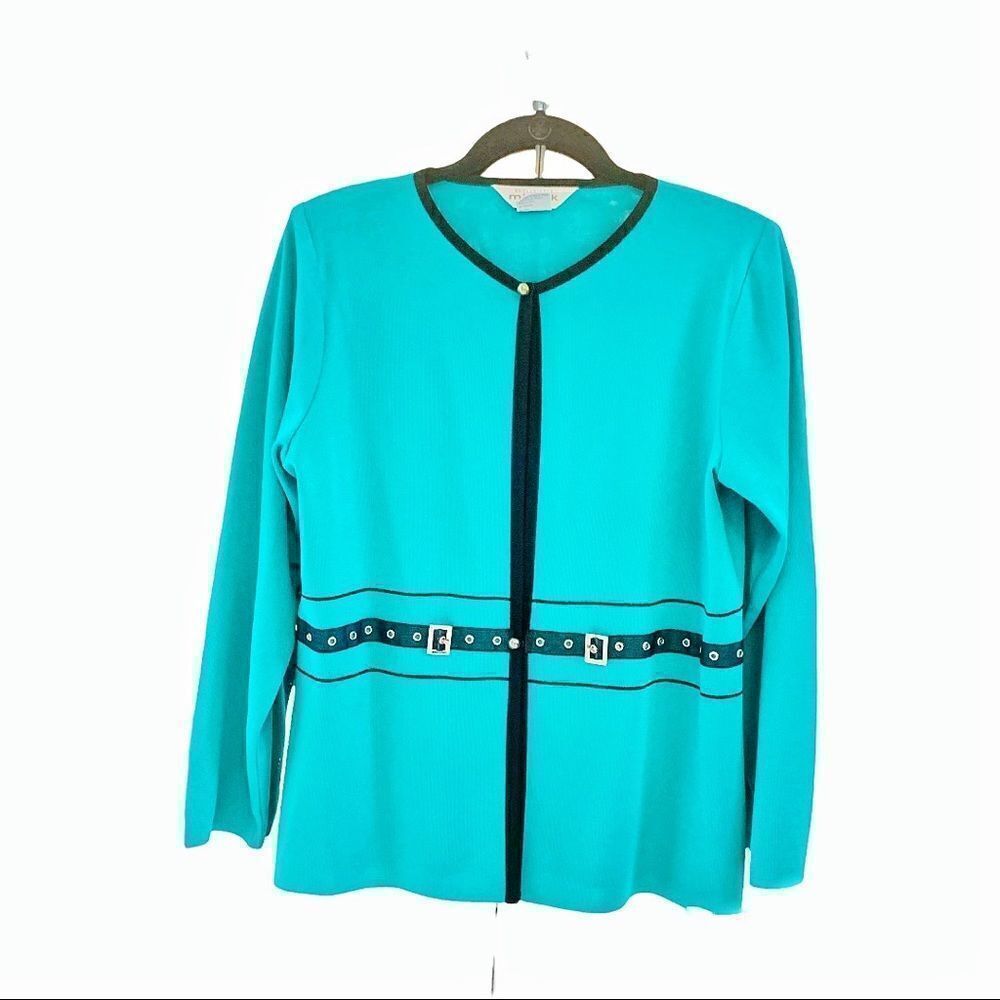 Vintage Misook turquoise blue black knit jacket petite small “Host Pick”